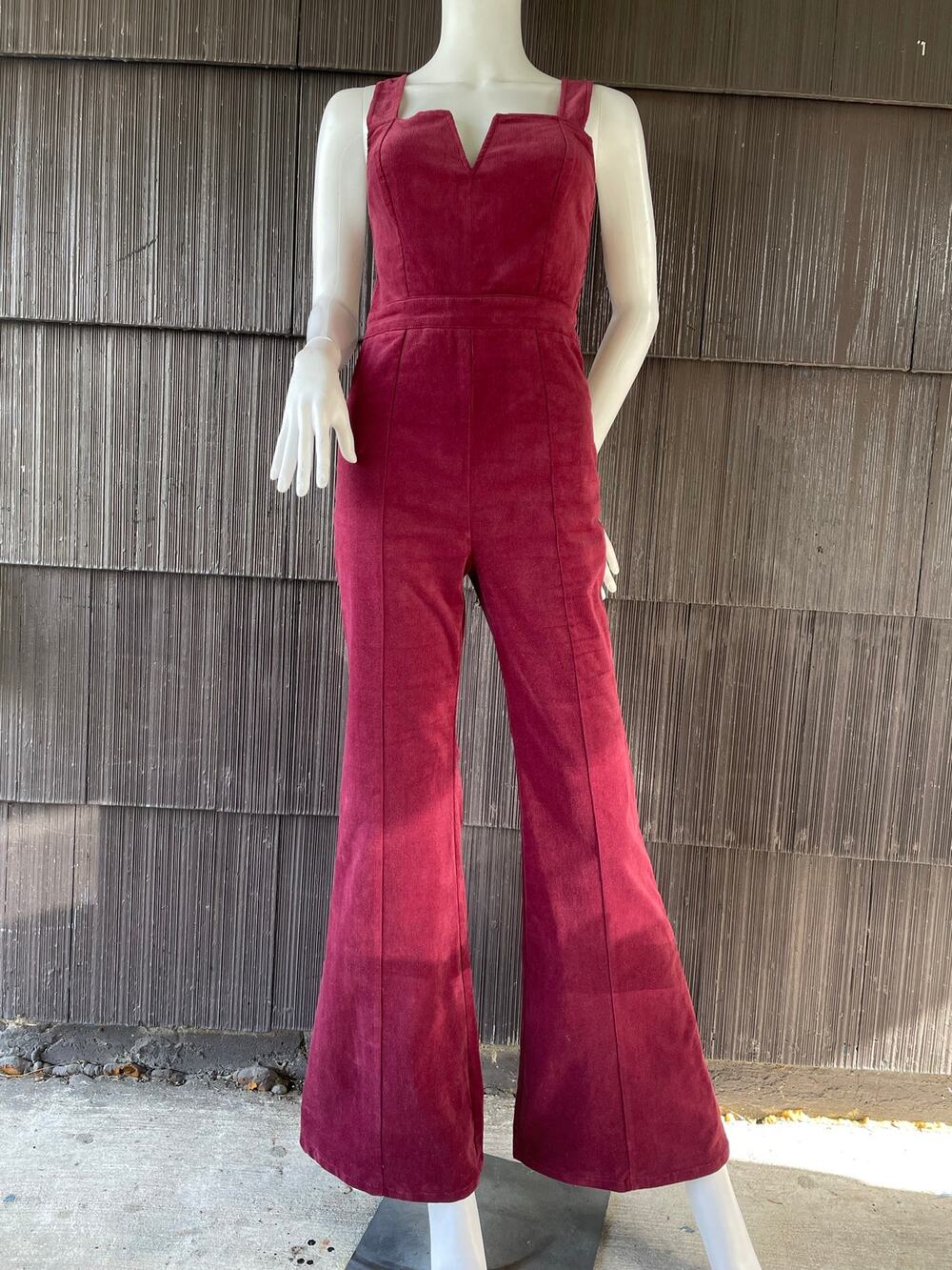 🔥Altard State Burgundy Bell Bottom Flare Corduroy Jumpsuit Boho Retro 70s Disco